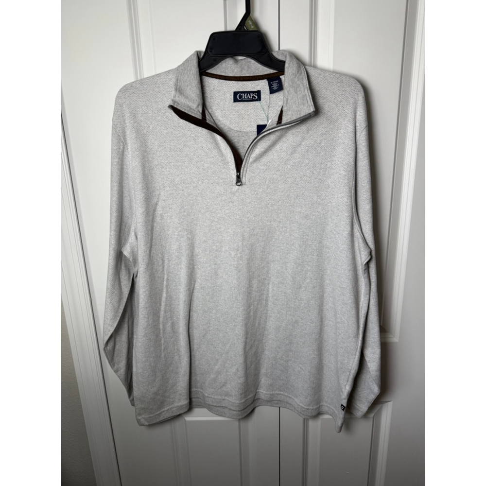 Men's Chaps Grey XL Zip Up Sweater with Brown Trim